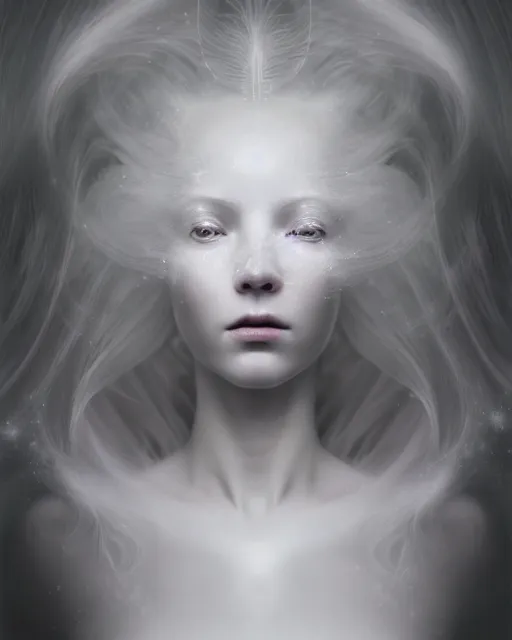 Prompt: delicate, dreamy, feminine, subsurface scattering, white, young beautiful robot - cyborg in cosmos long white hair floating in air, fluid smoke art, black and white, octane render, dino valls, mark ryden, joe fenton, michal karcz, highly detailed, rim light, art, cinematic lighting, very coherent, hyper realism, 8 k