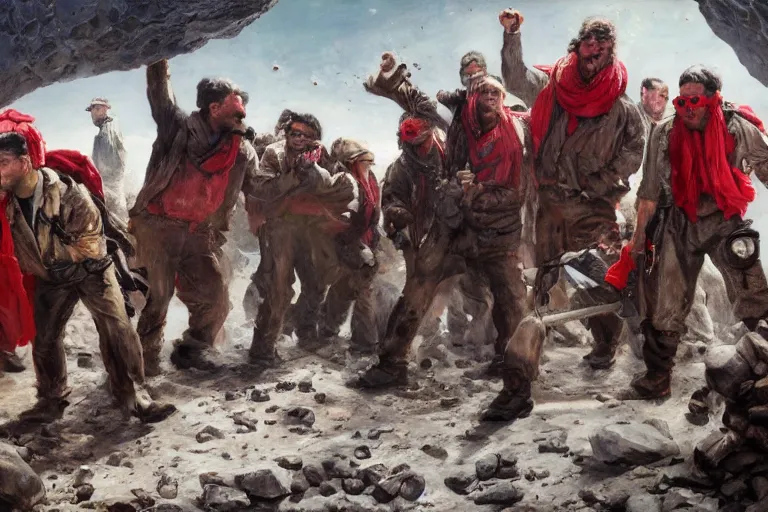 Image similar to intense dramatic still of a ragtag group of miners!!!! and factory workers with improvised weapons and pistols and red scarves around their necks, on the surface of an asteroid, outside of a high tech scifi industrial building, medium shot, oil painting by charles frederic ulrich, pablo olivera, normal rockwell, greg rutkowski, trending on artstation, incredible detail