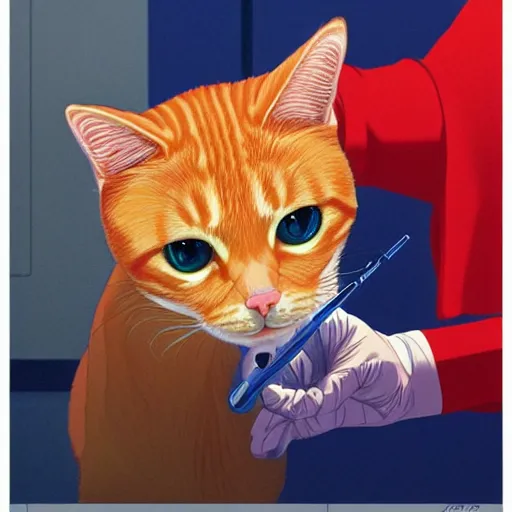 Image similar to an orange tabby cat starting at a syringe at the vet by ilya kuvshinov katsuhiro otomo