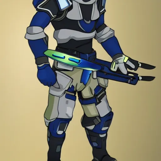 Image similar to a futuristic soldier captain with a metal visor and a blue shoulderpad in anime style