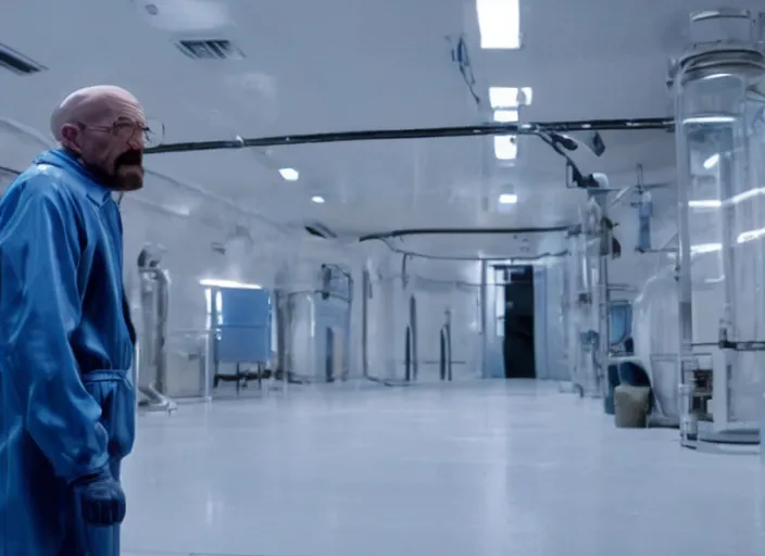 Image similar to film still of Walter White as Gordan Freeman in an underground lab facility wearing a black HEV suit with an orange lambda logo in front with a glowing blue portal in the background in the Half Life Movie, 4k