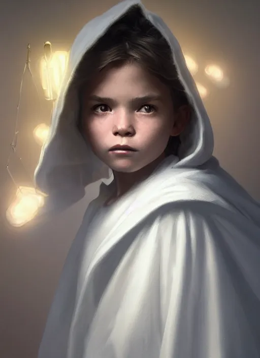 Image similar to perfectly - centered - portrait of a kid wearing white cloak holding light saber, intricate, highly detailed, digital painting, artstation, concept art, smooth, sharp focus, illustration, unreal engine 5, 8 k, art by artgerm and greg rutkowski and alphonse mucha