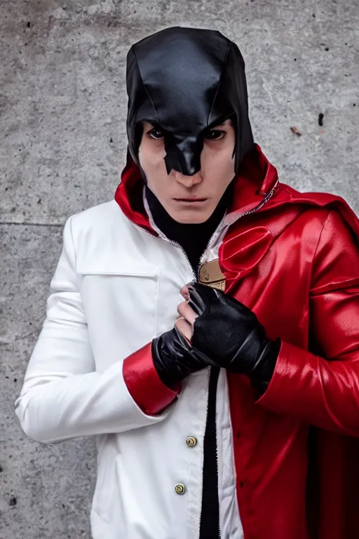 Prompt: red hood cosplay, white jacket