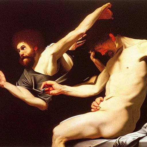 Prompt: the death of bob ross, by caravaggio,