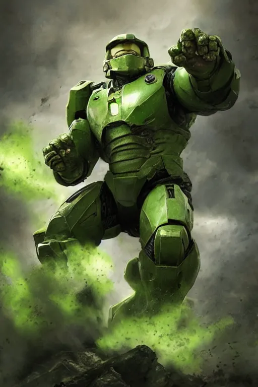 Image similar to master chief playing the hulk in the new avengers movie, oil on canvas, intricate, portrait, 8 k highly professionally detailed, hdr, cgsociety