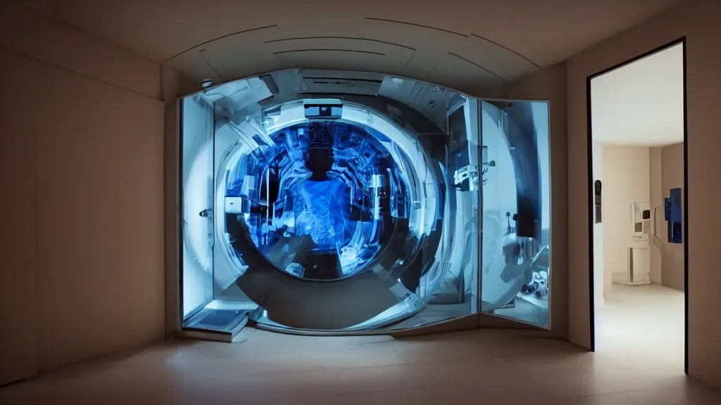 Image similar to an mri image open mri machine portal in the living room, film still from the movie directed by denis villeneuve with art direction by salvador dali, wide lens