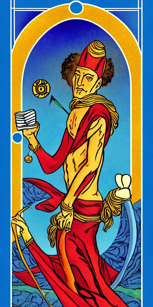 Image similar to the fool, rider - waite tarot card with an art deco boarder, high quality, digital painting