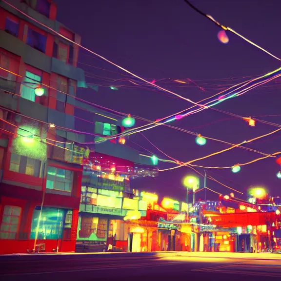 Image similar to Downtown Mexico, string lights, colorful lighting, night, realism, rule of thirds photo, intricate abstract, ((gta 5 screenshot house)), by Tooth Wu, by Greg Rutkowski, studio Ghibli