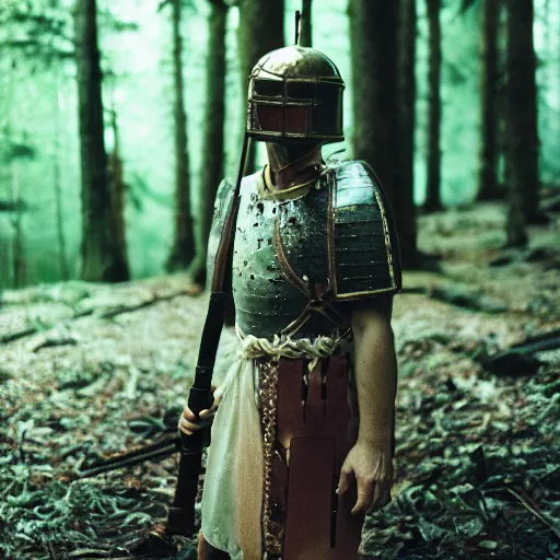 Prompt: close up kodak portra 4 0 0 photograph of a roman legimeer after the battle standing in dark forest, moody lighting, telephoto, 9 0 s vibe, blurry background, vaporwave colors, faded