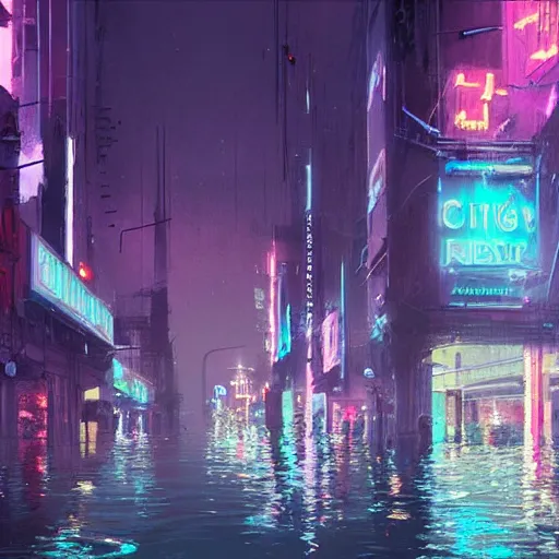 Image similar to concept art of a city flooded with neon lights, by greg rutkowski