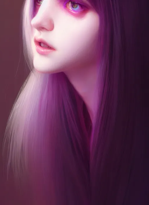 Image similar to hair whitebangs hair, black hair, whitebangs, portrait of teenage girl with white bangs, red irises, purple clothes, white bangs, bangs are different color from hair, intricate, elegant, glowing lights, highly detailed, digital painting, artstation, concept art, smooth, sharp focus, illustration, art by wlop, mars ravelo and greg rutkowski