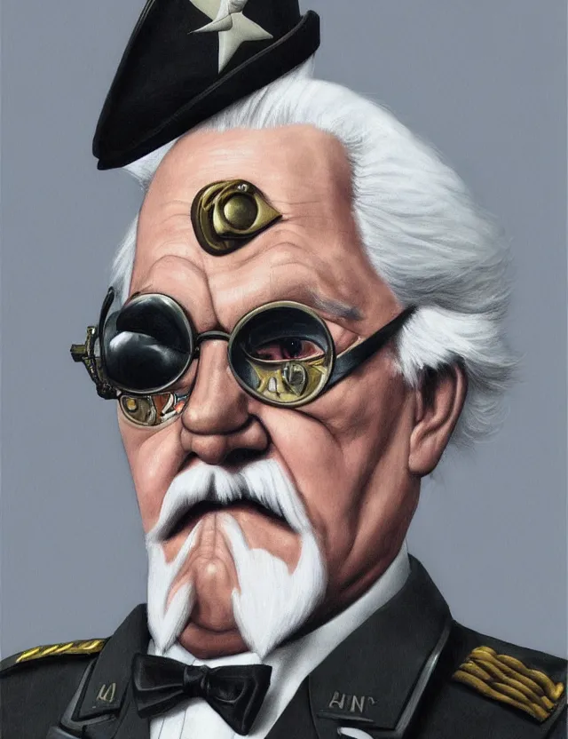 Prompt: a portrait of colonel sanders wearing a military uniform and an eyepatch, by moebius and tyler edlin and hr giger, trending on artstation, digital art, 4 k resolution, detailed, high quality, sharp focus, hq artwork, coherent, insane detail, concept art