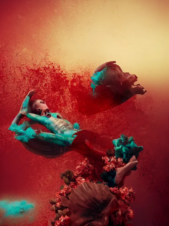 Prompt: a falling Icarus sinking in lake bubbling red wax, skull, flowers, baroque. Trending on artstation. octane render, cinematic, hyper realism, octane render, 8k, depth of field, bokeh. iridescent accents. vibrant. teal and gold and red colour scheme