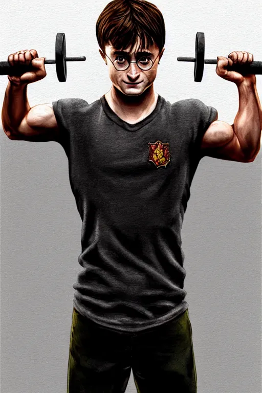 Image similar to highly detailed rendering of Daniel Radcliffe as Harry Potter doing barbell back squats, dingy workout gym, wearing a muscle tee shirt, muscular deep squats, symmetrical, highly detailed, digital painting, artstation, concept art, smooth, sharp focus, illustration, cinematic lighting, art by artgerm and greg rutkowski and alphonse mucha