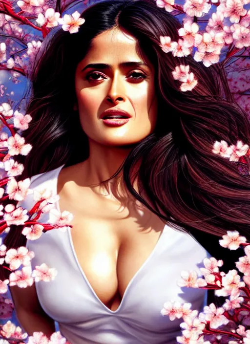 Image similar to photo of a gorgeous salma hayek in the style of stefan kostic, realistic, body shot, sharp focus, 8 k high definition, insanely detailed, intricate, elegant, art by stanley lau and artgerm, cherry blossoms