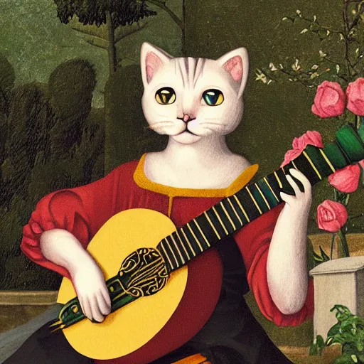 Prompt: cat with lute, sitting in the rose garden, medieval portrait, low poly, close up