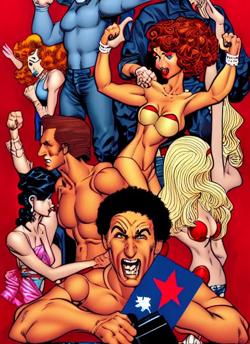 Image similar to rage against the machine, retro glam, digital painting by don bluth, frank cho, j scott campbell, oliva