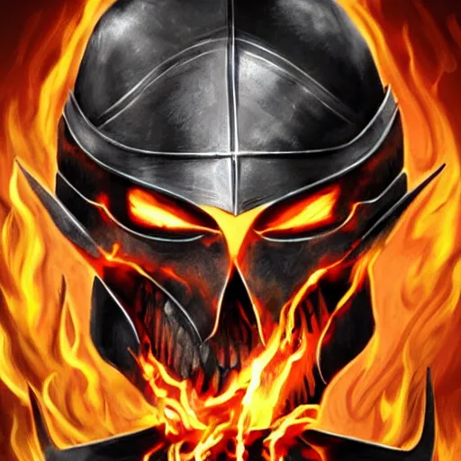 Prompt: armored knight, skull helmet with flaming eyes, dungeons and dragons illustration