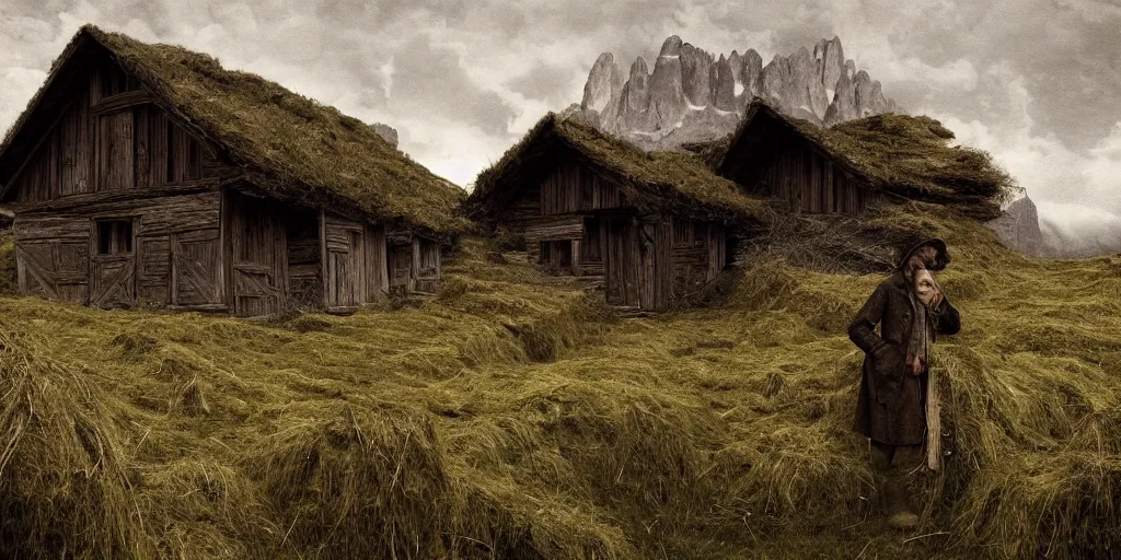 Image similar to old farmers hut overgrown by roots ,roots and hay coat, dolomites in background, dark, eerie, despair, portrait photography, artstation, digital art, concept art, artstation, highly detailed, sharp focus, by caravaggio