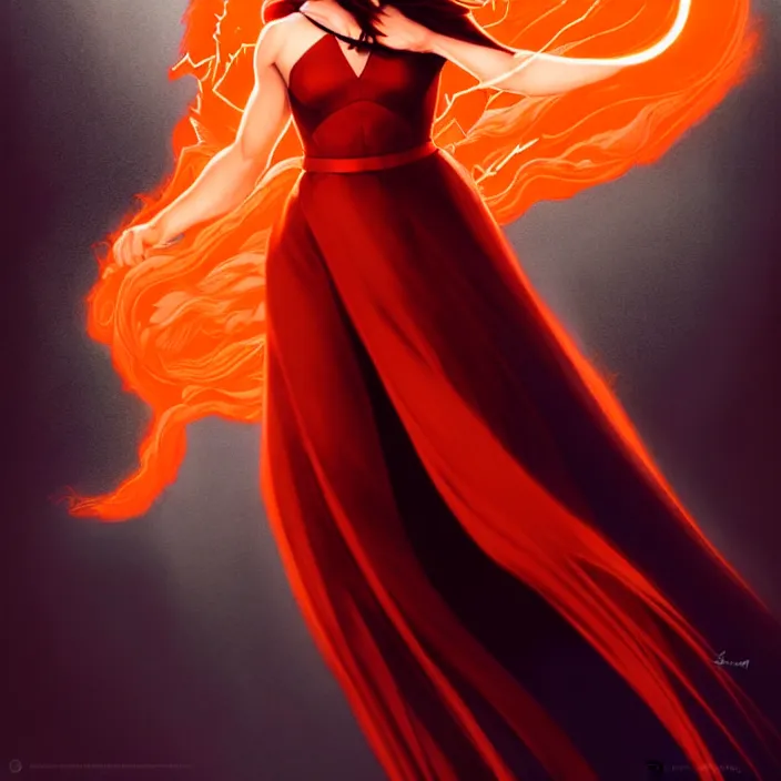 Image similar to style artgerm, joshua middleton, dean cornwell, beautiful kristen bell with dark red dress, very long orange hair, symmetrical face, symmetrical eyes, fire powers fire swirling, detailed, volcano setting, cinematic lighting