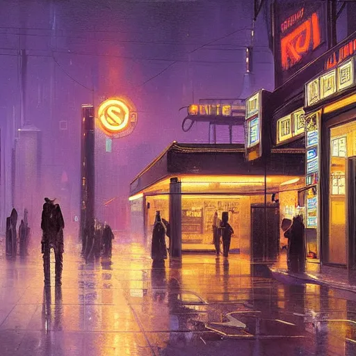 Image similar to scene from bladerunner 2 0 4 9 movie, painting of syd mead artlilery scifi organic shaped gas station with ornate metal work lands on a sidewalk, floral ornaments, greek architecture, volumetric lights, purple sun, andreas achenbach