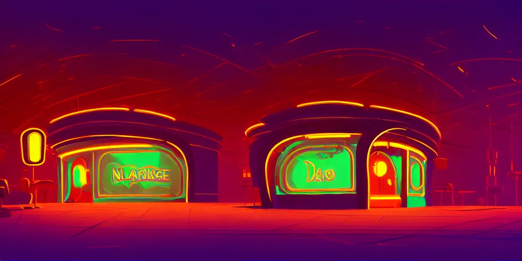 Prompt: minimalistic extreme wide angle curved perspective digital art of dark indoor casino with a stage pale colors by anton fadeev from nightmare before christmas