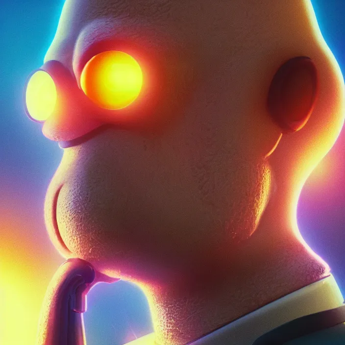 Image similar to portrait art of 8k ultra realistic retro futuristic Homer Simpson, lens flare, atmosphere, glow, detailed,intricate,blade runner, cybernetic, full of colour, cinematic lighting, trending on artstation, 4k, hyperrealistic, focused, extreme details, unreal engine 5, cinematic, masterpiece, art by ayami kojima, giger