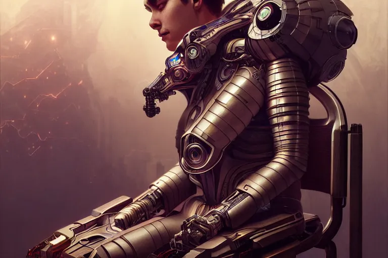 Image similar to ultra realistic, beautiful male cyborg plugged into the internet, sitting in chair, sci - fi, intricate details, eerie, highly detailed, octane render, 8 k, art by artgerm and alphonse mucha and greg rutkowski