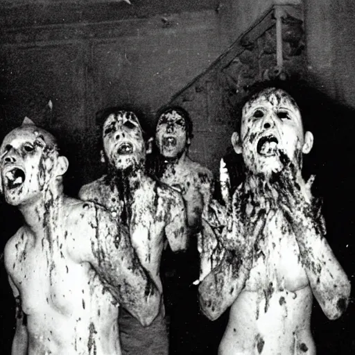 Prompt: a photograph photo of a hebrew seance gone wrong. blood, ooze, ectoplasm, screaming faces in the walls.