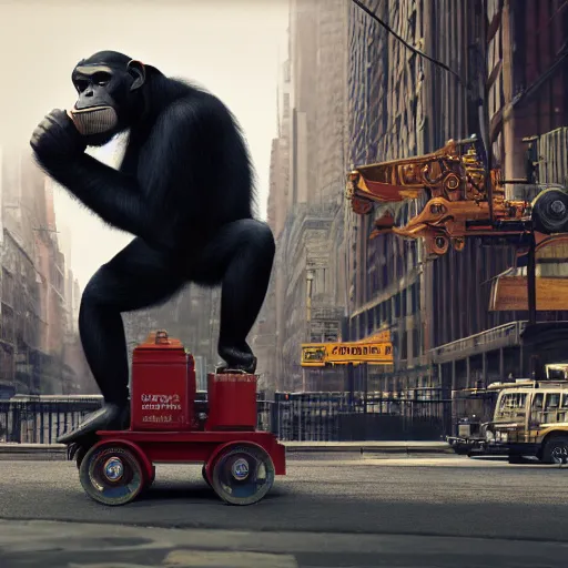 Prompt: a chimpanzee picking up pennies in manhattan with a large steam roller headed towards him, depth of field, max fleischer, breathtaking, detailed and intricate environment, 8 k resolution, hyperrealistic, octane render