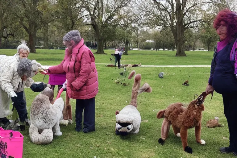 Image similar to old lady feeds furries in the park