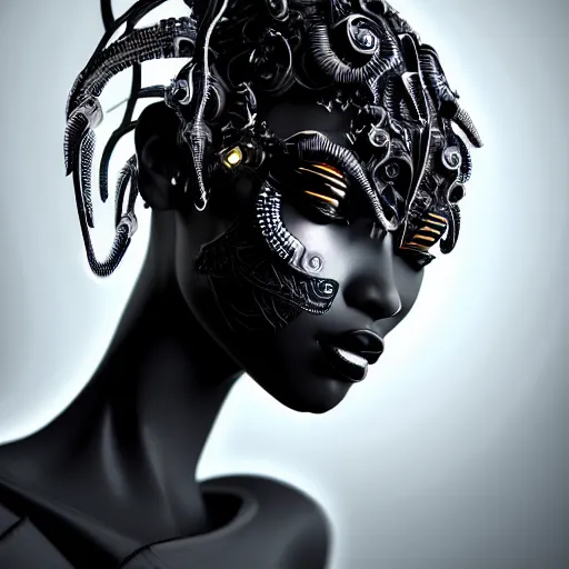 Image similar to portrait of an absurdly beautiful, graceful, sophisticated, fashionable black cyberpunk mechanoid gravure idol, hyperdetailed illustration by irakli nadar, maria borges, matt wisniewski style, intricate linework, dark black skin, neon jellyfish headdress, ivory carved ruff, unreal engine 5 highly rendered, global illumination, radiant light, detailed and intricate environment