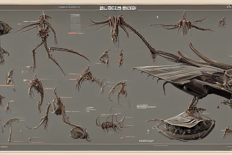 Prompt: schematic diagram alien boss, book, page, biology, detailed, artstation, cgsociety, Ralph McQuarrie and Greg Rutkowski