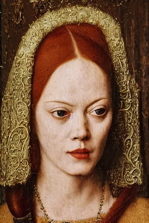 Prompt: 1 4 0 0 s renaissance close - up portrait of emma stone oil painting by jan van eyck, northern renaissance art, oil on canvas, wet - on - wet technique, realistic, expressive emotions, intricate textures, illusionistic detail