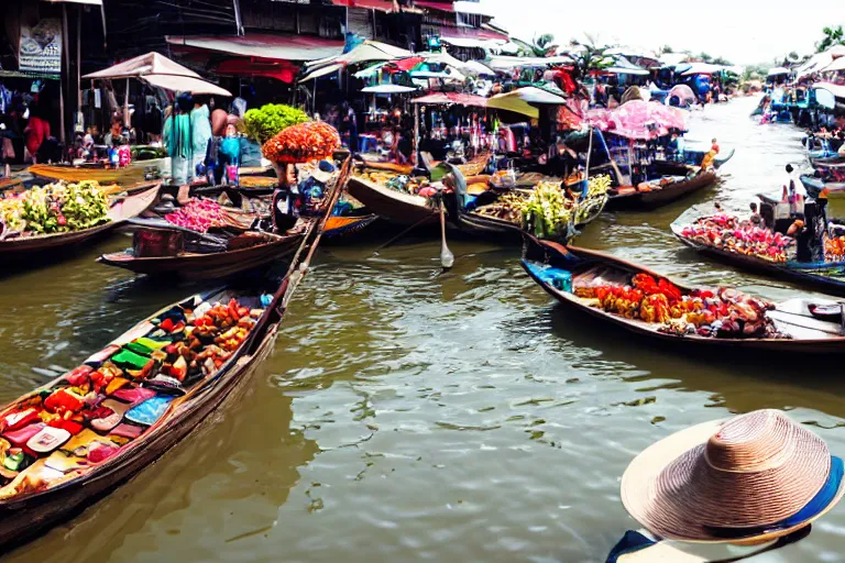 Image similar to At the buzzing floating market in Thailand, Artgerm