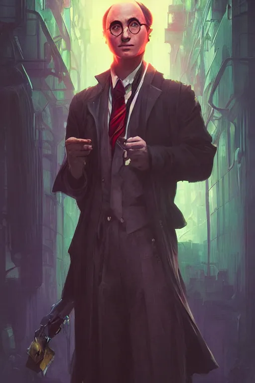 Image similar to Portrait of Harry Potter in cyberpunk, implants, neon cinematic lighting, digital art from artstation by Ruan Jia and Mandy Jurgens and Artgerm and william-adolphe bouguereau and Greg Rutkowski and Wayne Barlowe