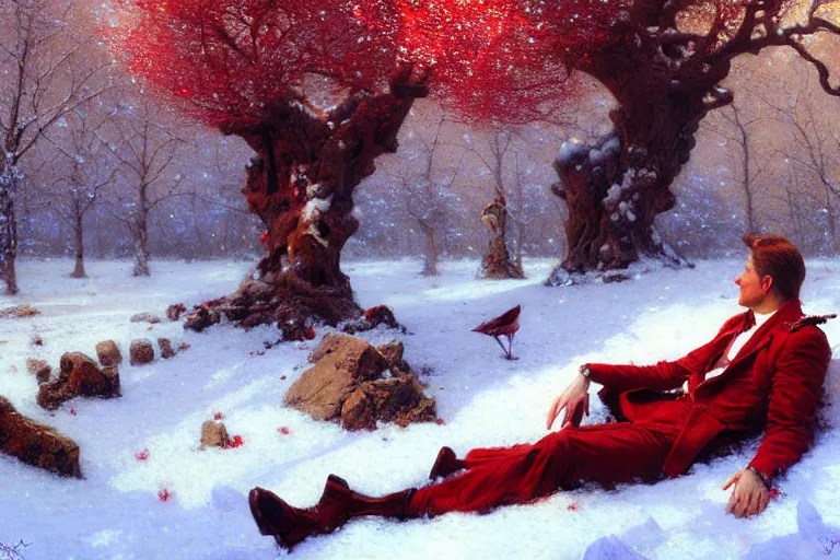 Image similar to winter, a clean - shaven white businessman relaxing under a world tree with red flowers, ground covered with snow, extreme long shot, fantasy, painting by gaston bussiere, craig mullins, j. c. leyendecker, trending on artstation