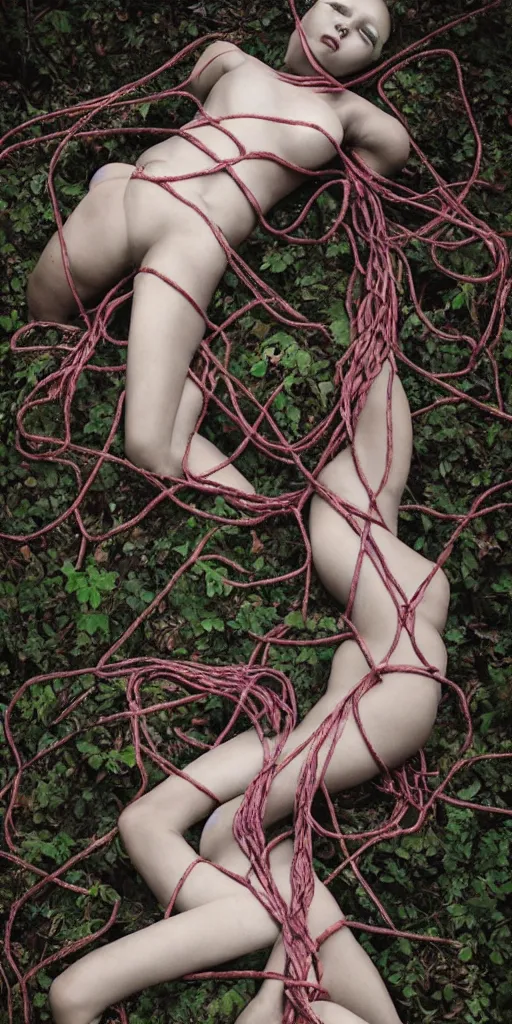 Image similar to beautiful painted female bodies intertwined, shibari ropes wrapped around bodies, bodies lying on the forest floor, surrealism, abstract, no face