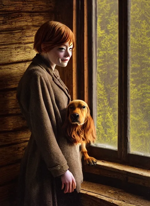 Image similar to portrait bust of emma stone petting a dog, solemn expression, faded color film, russian cinema, tarkovsky, kodachrome, old cabin, next to window, heavy forest outside, long brown hair, old clothing, heavy fog, hudson river school, 4 k, dramatic lighting, greg rutkowski