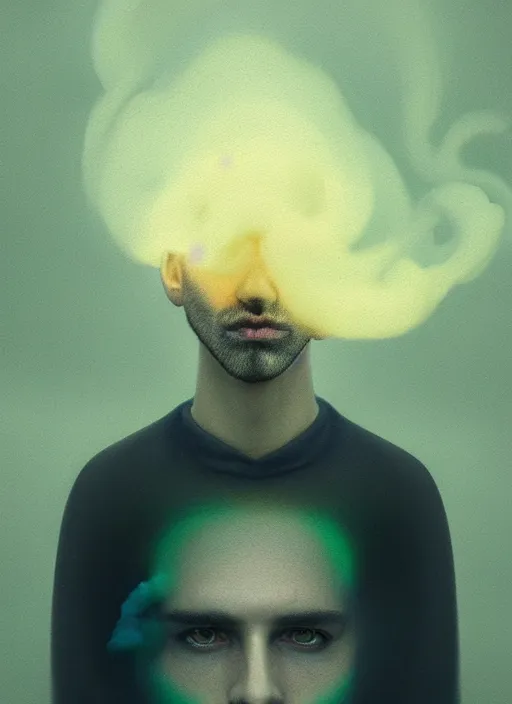 Image similar to an ethereal, misty portrait of a man whose face is accented with neon - toned glowing eyeliner. the makeup floats off his face and joins swirling clouds of smoke and fog, becoming an aurora. muted tones. surreal portrait, cinematic lighting, 8 k, smooth, sharp focus, digital painting, rendered in octane, painted by tom bagshaw, artgerm