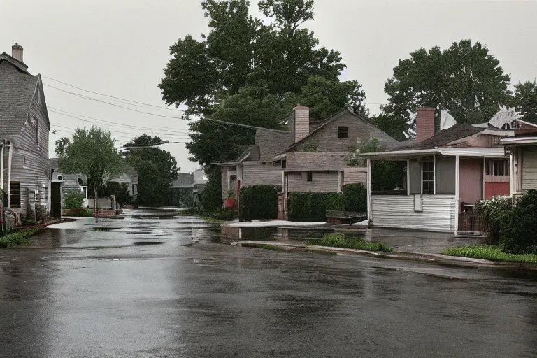 Image similar to a detailed photograph of a 1 9 8 0 s american neighborhood by gregory crewdson, 4 k, rain