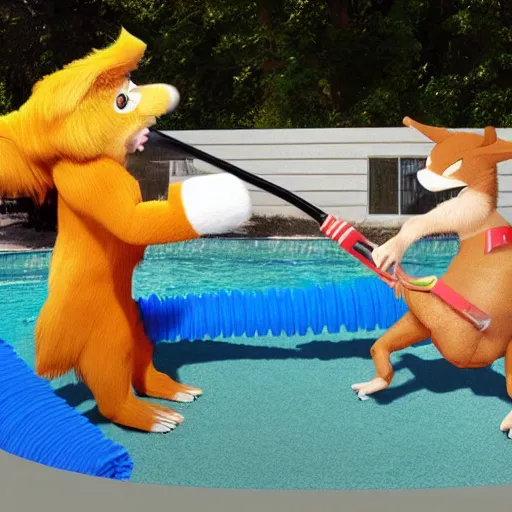 Prompt: donald trump fighting a furry using pool noodles, photo realistic