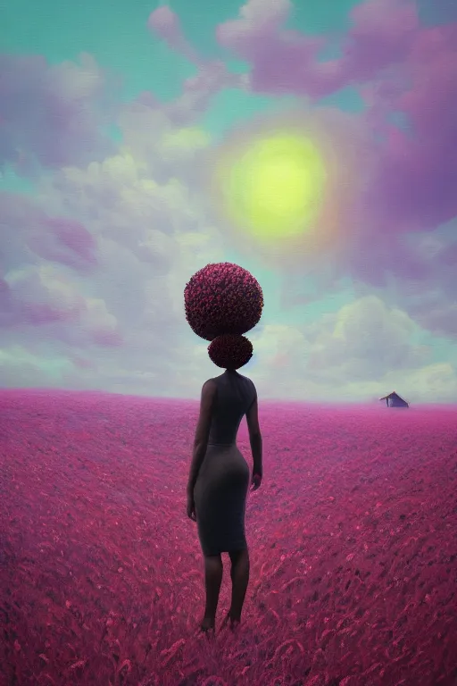 Image similar to closeup, giant flower head, black woman in heather field, surreal photography, starlight, storm clouds, impressionist painting, digital painting, artstation, simon stalenhag