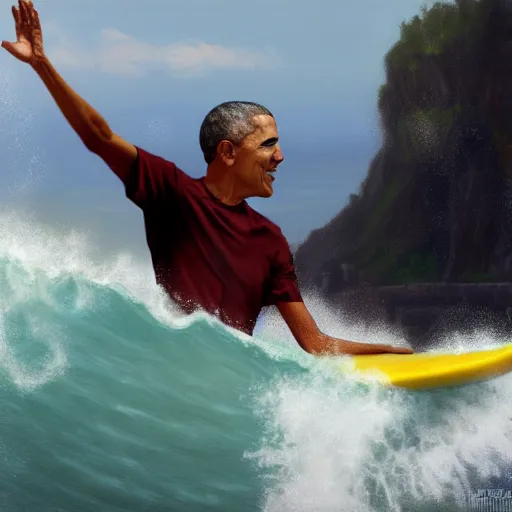 Prompt: barack obama surfing in rough surf with drink in hand, realistic, high detail, volumetric lighting