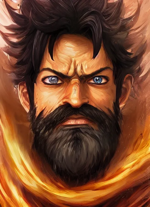 Image similar to luffy as _ fantasy _ style _ portrait _ painting _ of middle eastern male brown wavy hair beard, rpg dnd oil _ painting _ unreal _ 5 _ daz. _ rpg _ portrait _ extremely _ detailed _ artgerm _ greg _ rutkowski _ greg