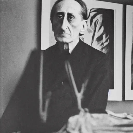 Prompt: underexposed photo of Marcel Duchamp in a room with an ancient machine, Kodachrome, Edward Weston and Hito Steyerl, archival pigment print, contemporary art
