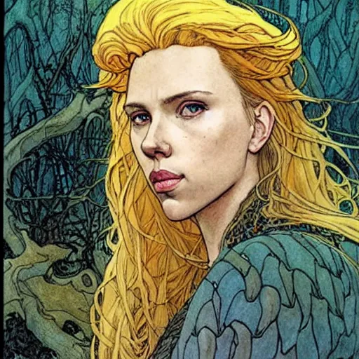 Image similar to a realistic, very beautiful and atmospheric portrait of scarlett johansson as a druidic warrior wizard looking at the camera with an intelligent gaze by rebecca guay, michael kaluta, charles vess and jean moebius giraud