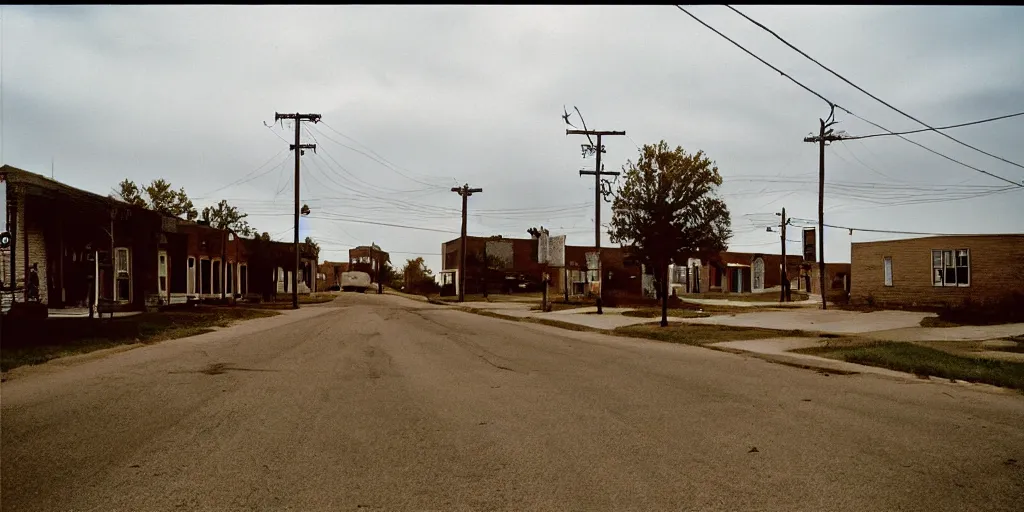 Prompt: Photography of Kansas little town made by Eggleston in 1976