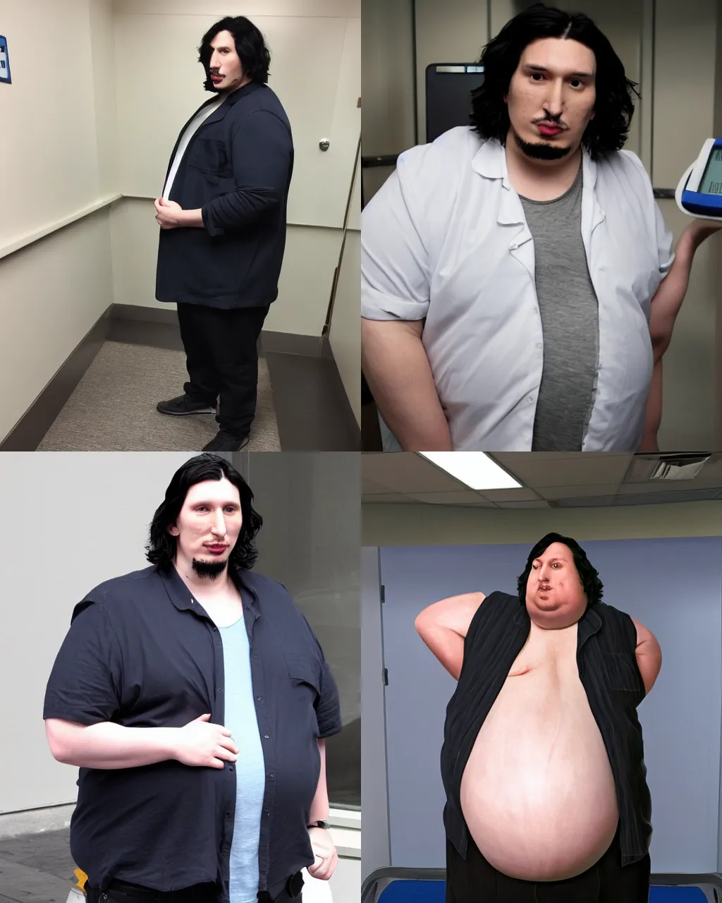 Prompt: mordbidly obese adam driver standing on a weighing scale, extremely fat, doctors office