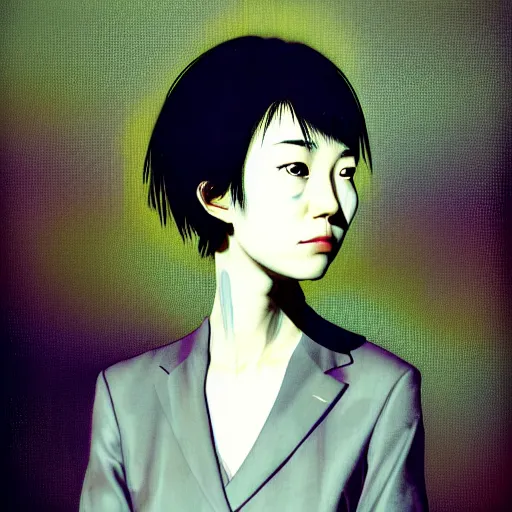 Prompt: yoshitaka amano blurred and dreamy realistic three quarter angle portrait of a young woman with short hair and black eyes wearing office suit with tie, abstract shapes on face, junji ito abstract patterns in the background, satoshi kon anime, noisy film grain effect, highly detailed, renaissance oil painting, weird portrait angle, blurred lost edges